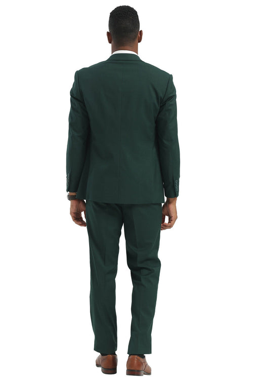 Stacy Adams hunter green double-breasted suit. Tailored fit, sharp shoulders, and straight back. Solid green fabric with dual-button jacket and streamlined trousers for a sleek look.