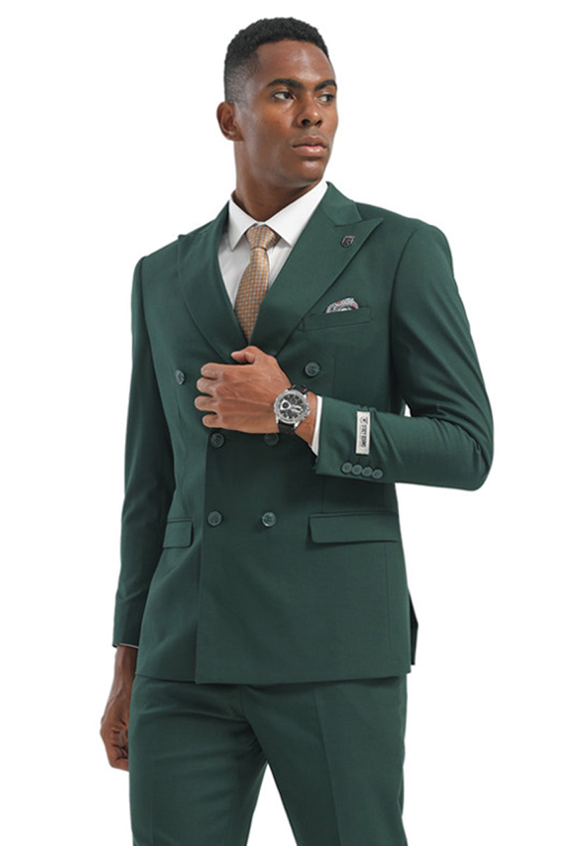 Stacy Adams men's hunter green double-breasted suit. Structured, textured fabric, tailored fit, and slash pockets. Features a bold and elegant double-breasted design.