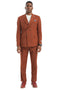 Stacy Adams cognac rust double-breasted suit. Structured silhouette, broad lapel, and double-breasted front. Features solid fabric, two hip pockets, and matching tapered trousers. Pocket square detail.