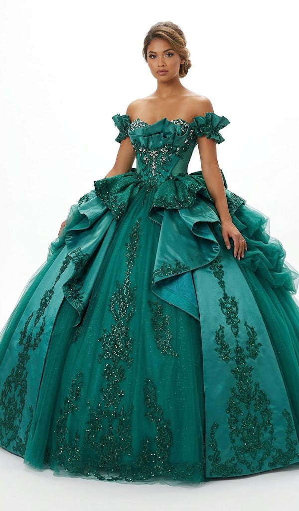 Off-Shoulder Crystal Beaded Corset Organza Ruffle Ball Gown QuinceaƱera Dress by Layla K LK307