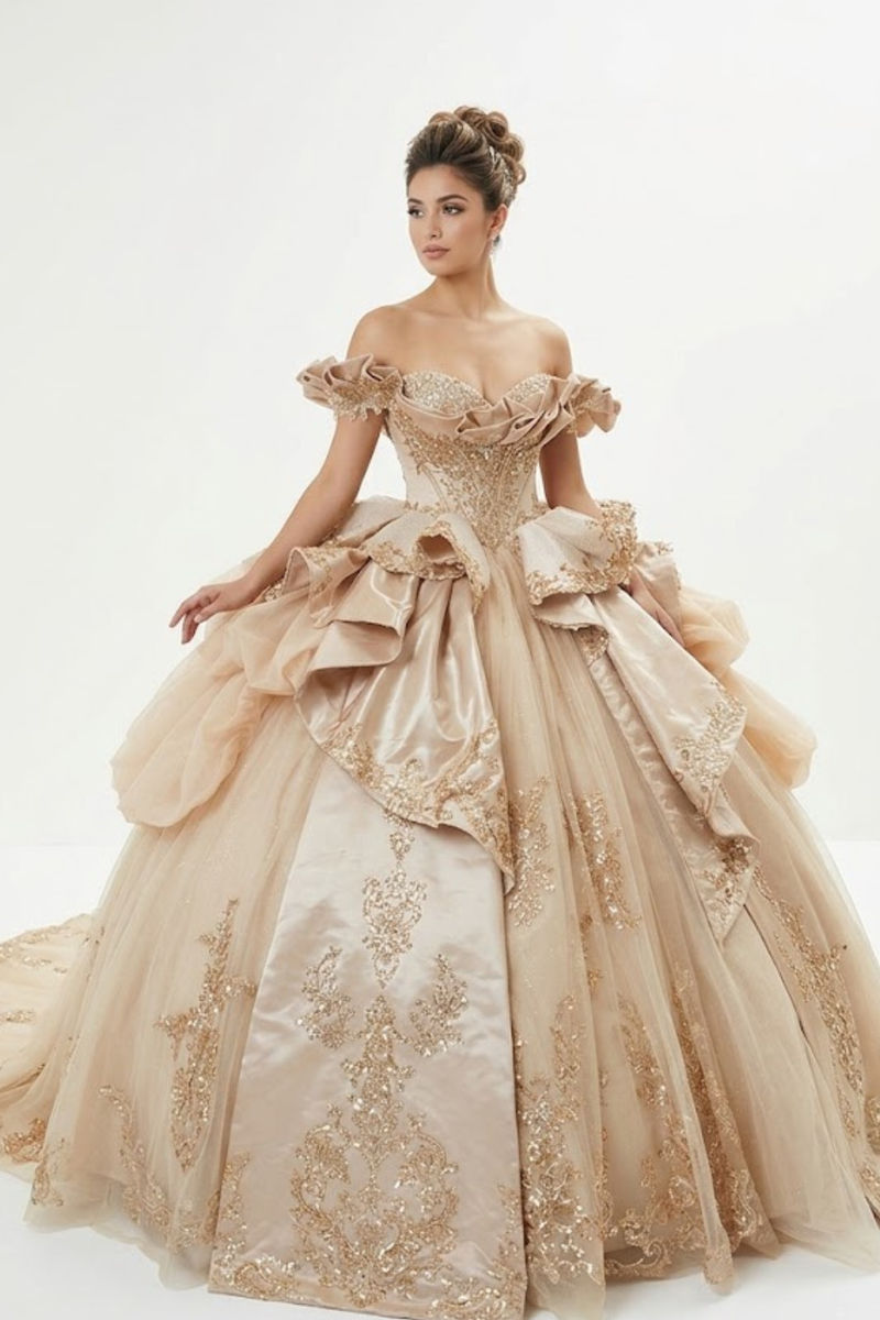 Off-Shoulder Crystal Beaded Corset Organza Ruffle Ball Gown QuinceaƱera Dress by Layla K LK307