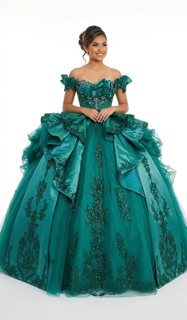 Off-Shoulder Crystal Beaded Corset Organza Ruffle Ball Gown QuinceaƱera Dress by Layla K LK307
