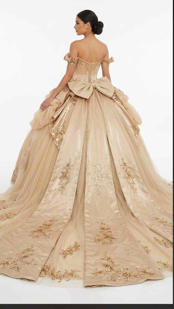 Off-Shoulder Crystal Beaded Corset Organza Ruffle Ball Gown QuinceaƱera Dress by Layla K LK307