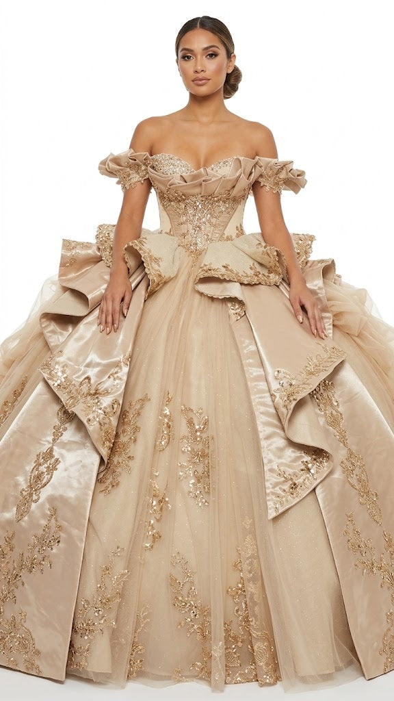 Off-Shoulder Crystal Beaded Corset Organza Ruffle Ball Gown QuinceaƱera Dress by Layla K LK307