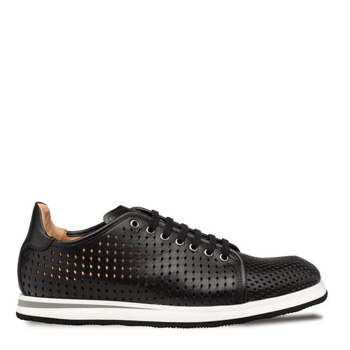 Mezlan Luce black leather sneakers: perforated design, smooth upper, white sole. Black with tan leather lining. Six-eyelet lacing.
