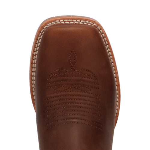 Dan Post Leighton boots: Men's brown leather boots with rounded toe and detailed stitching. Features include a textured shaft and durable sole with a contrasting welt.
