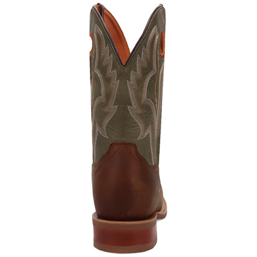 Dan Post Leighton men's western boots. Green leather shaft with a V-cut design, brown heel & toe. Zigzag stitching detail. Stacked heel with reddish tint.