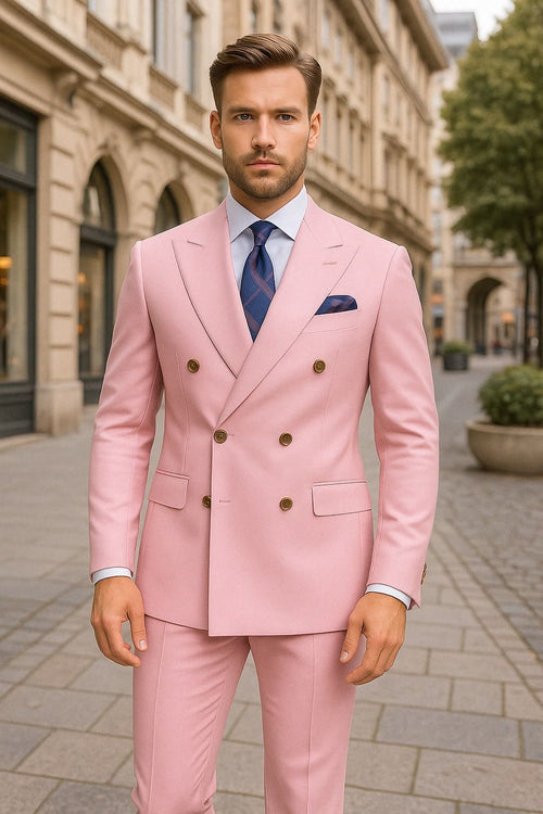 Mens Light Pink Double-Breasted Suit with Gold Buttons – 2-Piece Slim Fit Set