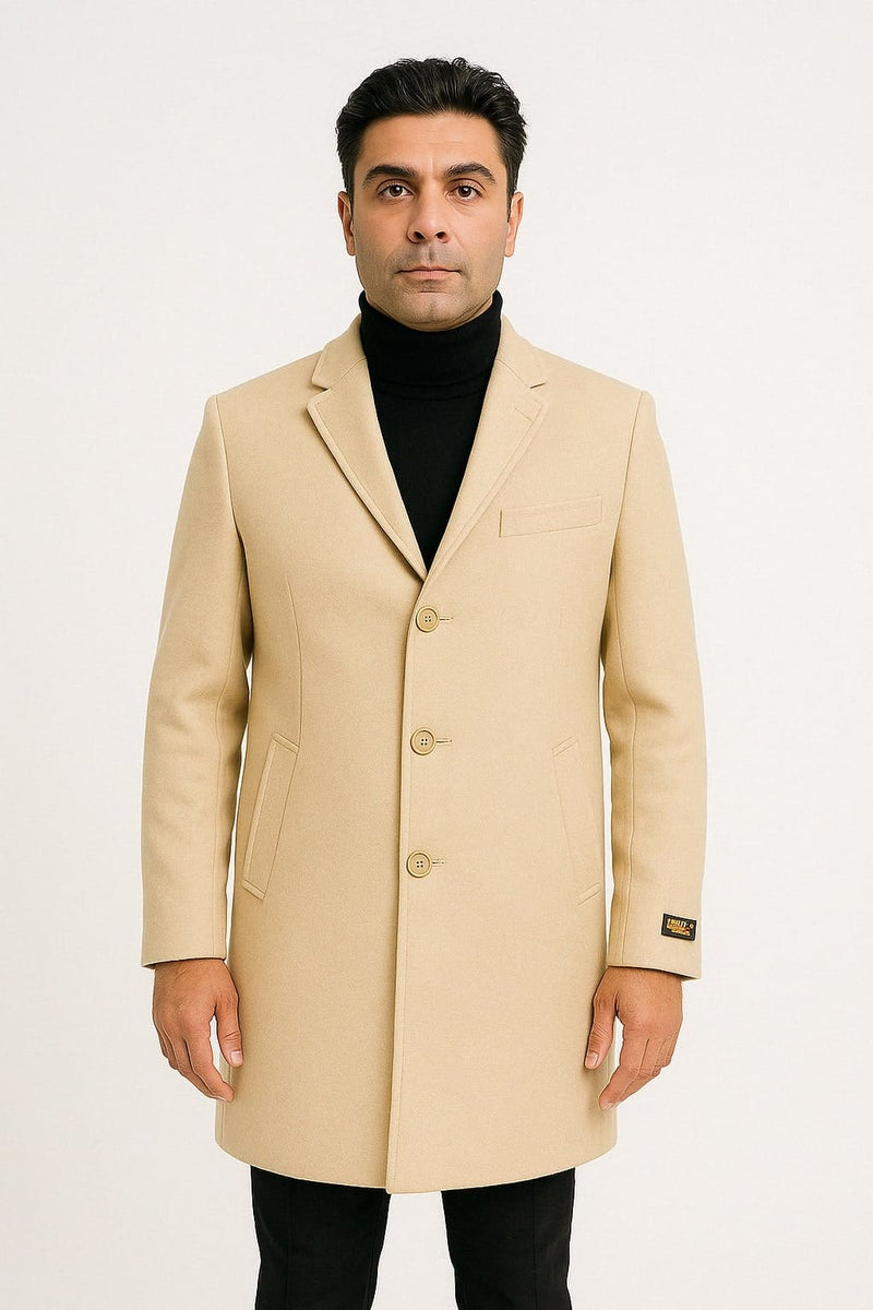 Mens Beige Wool Overcoat with Classic Notch Lapel and Single-Breasted Closure - Light Tan Sand Color