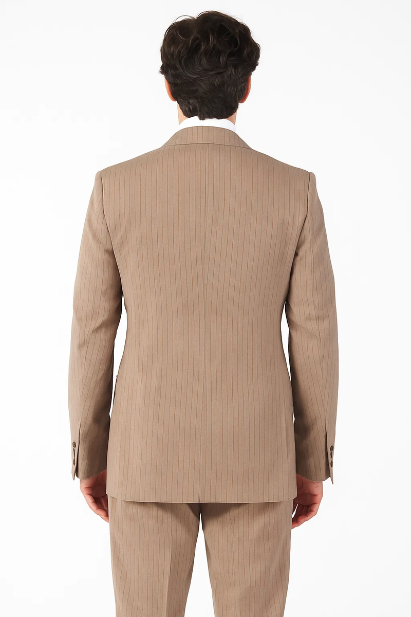 Light brown classic-fit suit with brown pinstripes. Jacket: structured, single vent. Fabric: 100% wool. Pants: matching wide-leg, pleated.