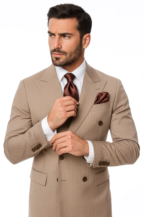Light brown, 100% wool suit. Classic fit, double-breasted with brown pinstripes. Notched lapels, four-button cuffs. Pocket square and tie match in brown.