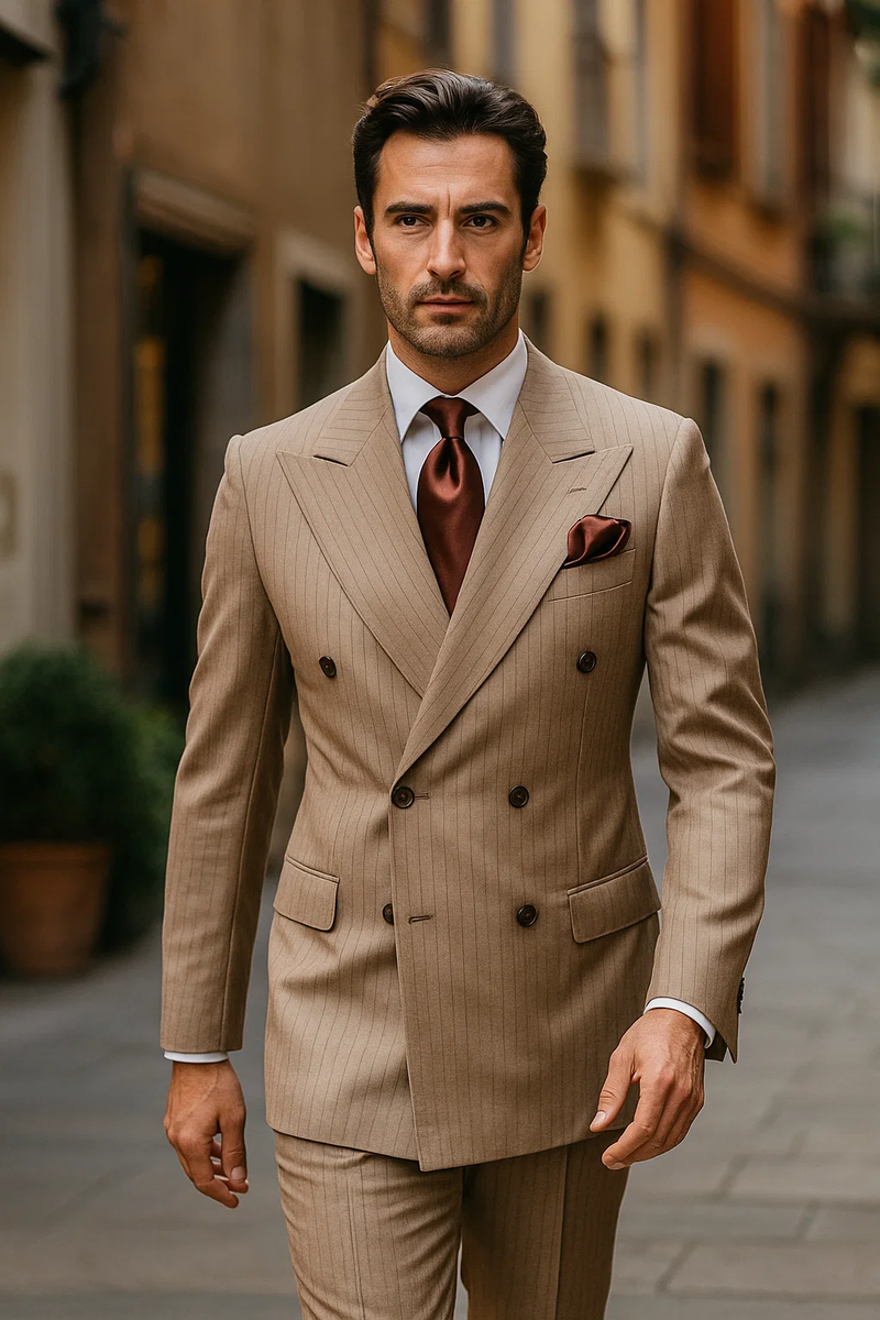 Light brown double-breasted wool suit with brown pinstripes. Features baggy pleated, wide-leg pants.