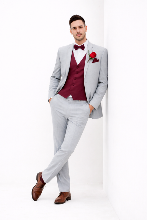 Light Grey With Burugndy Suit Vest and Pants and Bow Tie Package