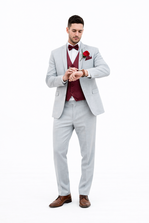 Light Grey With Burugndy Suit Vest and Pants and Bow Tie Package
