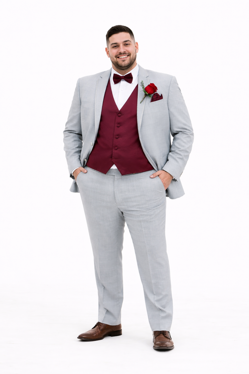 Light Grey With Burugndy Suit Vest and Pants and Bow Tie Package