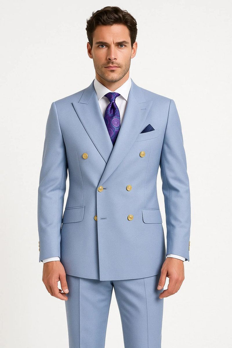 Light blue, double-breasted suit with gold buttons. Structured silhouette, smooth fabric, two front pockets. Worn with white shirt, purple tie/pocket square. Tailored sleeves with cuff buttons.