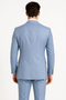 Men's light blue double-breasted suit. Tailored fit, structured form, smooth fabric, gold buttons. Features peak lapel and dual rear vents.