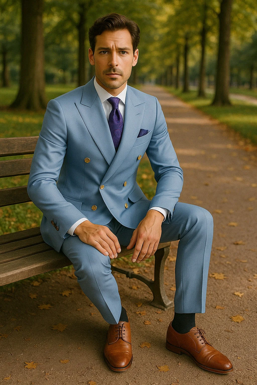 Men's light blue double-breasted suit. Tailored fit, gold buttons, notched lapels, and side pockets. Smooth, structured fabric. Matching trousers.