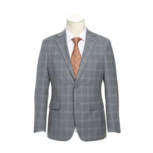 Wool Stretch Single Breasted Slim Fit Light Grey Windowpane Suit