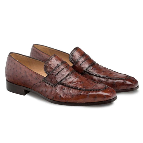 Mezlan Lisbon loafer: Brandy ostrich leather slip-on with pointed toe & low heel. Features distinct quill pattern and sleek design with two front leather bands.