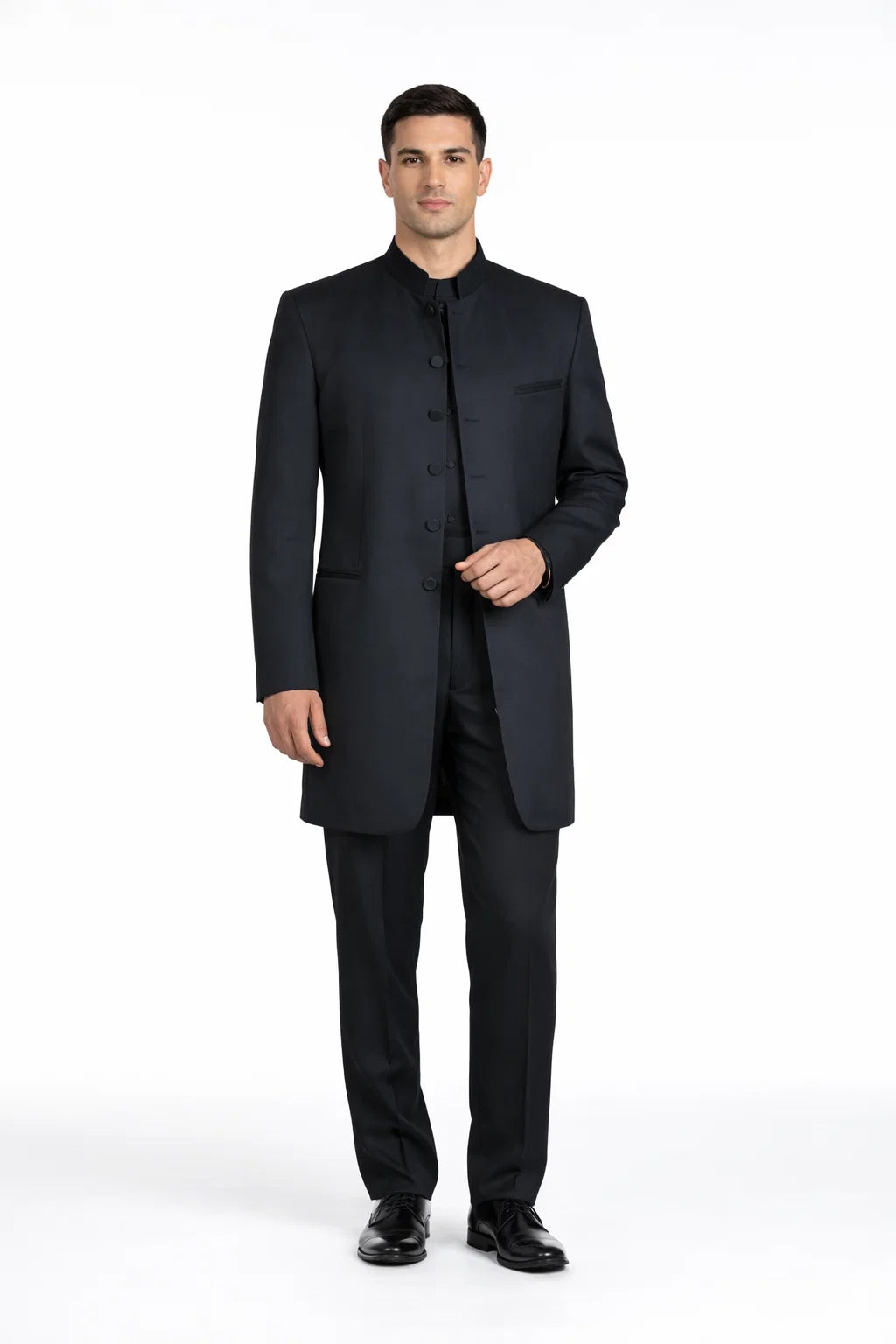 Mens Long Mandarin Collar Zoot Suit Black Tuxedo | Alberto Nardoni