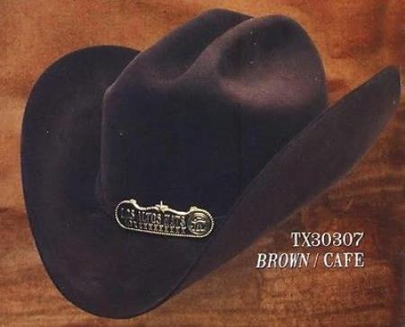 Brown felt Tejana cowboy hat. Duranguense style. Wide brim, high crown. Slight sheen. Gold-tone buckle on the band.