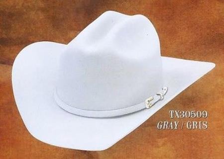 Gray felt Tejana cowboy hat. Wide brim, tall rounded crown. Decorative band with silver buckle. Classic Western style.