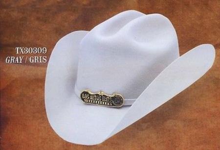 Grey wool cowboy hat. Wide brim, rounded crown. Decorative band with clasp. Soft, structured wool. Classic western style.