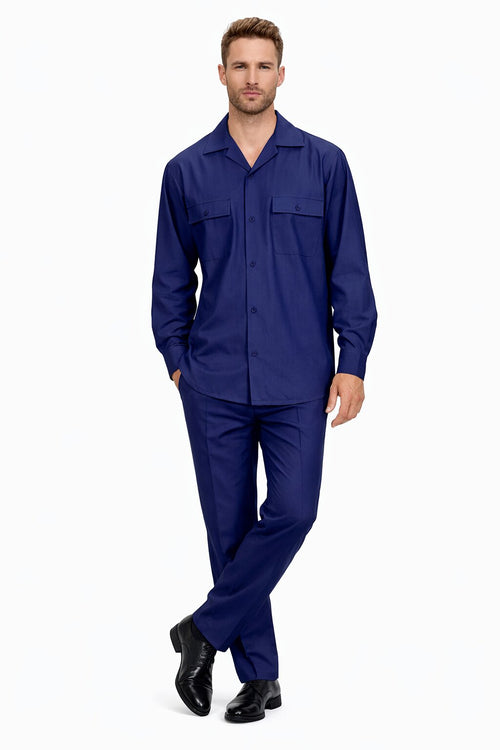 Mens Luxury Navy Blue Wool Two-Piece Leisure Walking Suit