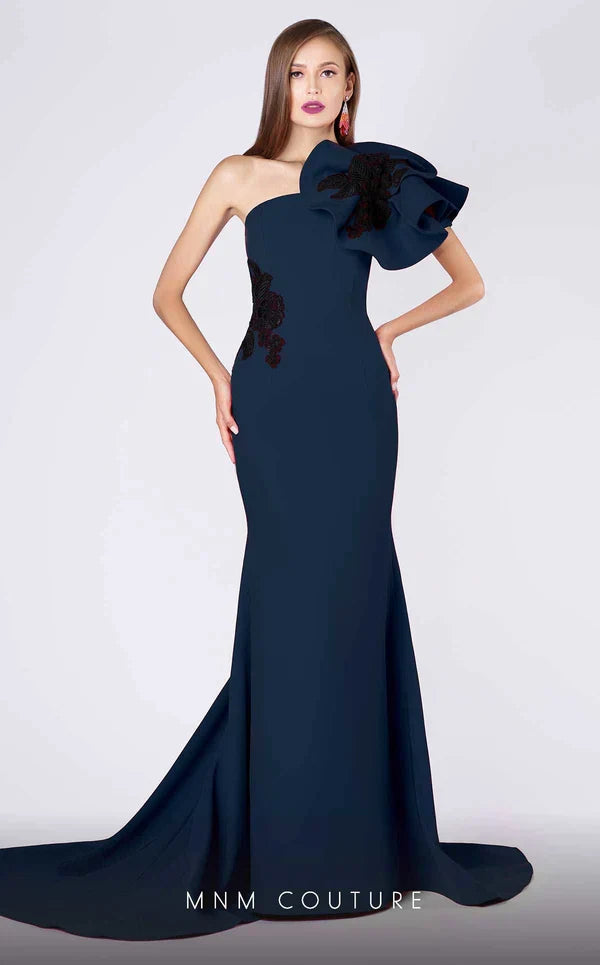 MNM Couture M0042 Green One-Shoulder Open Back Gown