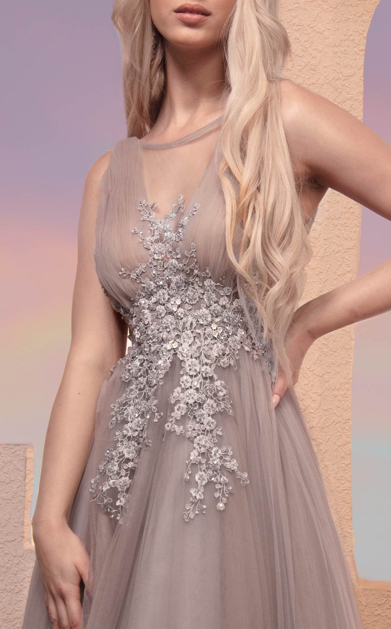 MNM Couture M0095 Sleeveless Embroidered Tulle Gown in Dusty Blue