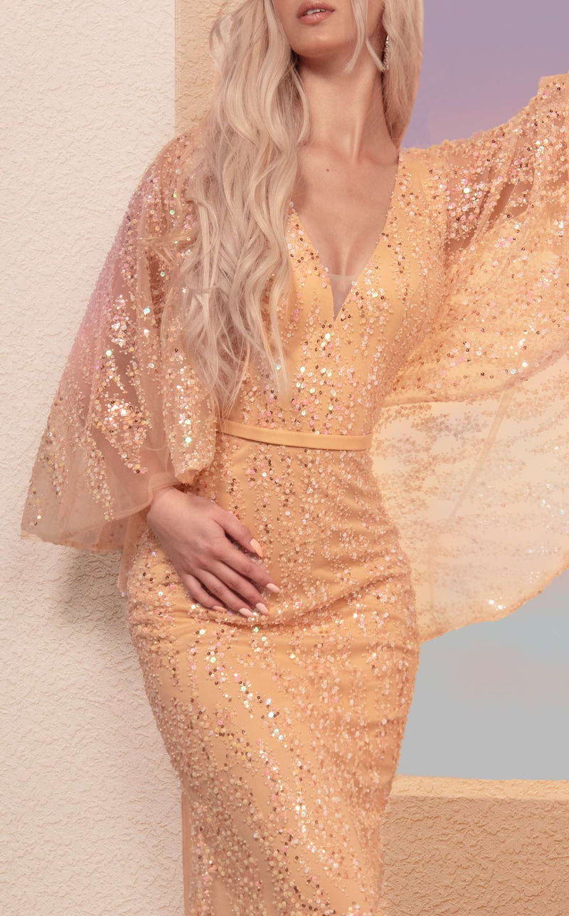 MNM Couture M0106 Salmon V-Neck Gown with Flowing Sleeves