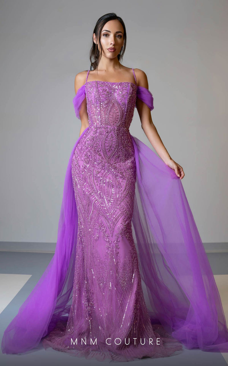 MNM Couture M1047 Embroidered Purple Tulle Gown with Off-Shoulder Sleeves