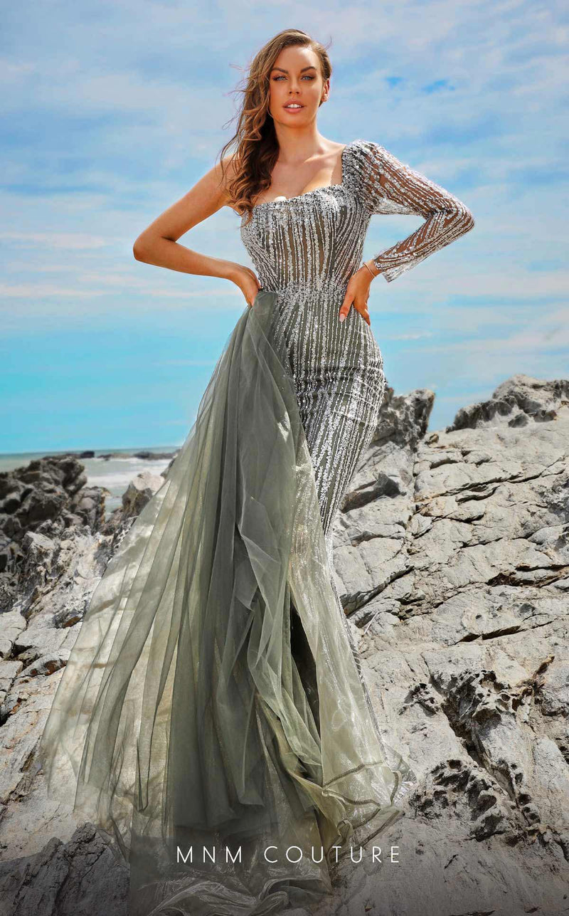 MNM Couture M1053 Asymmetric Purple Embroidered Mesh Gown
