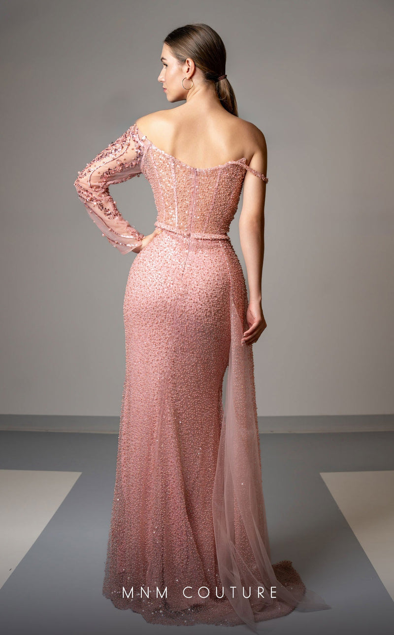 MNM Couture M1165 Pink Embroidered Mesh Gown ā One-Sleeve Beauty