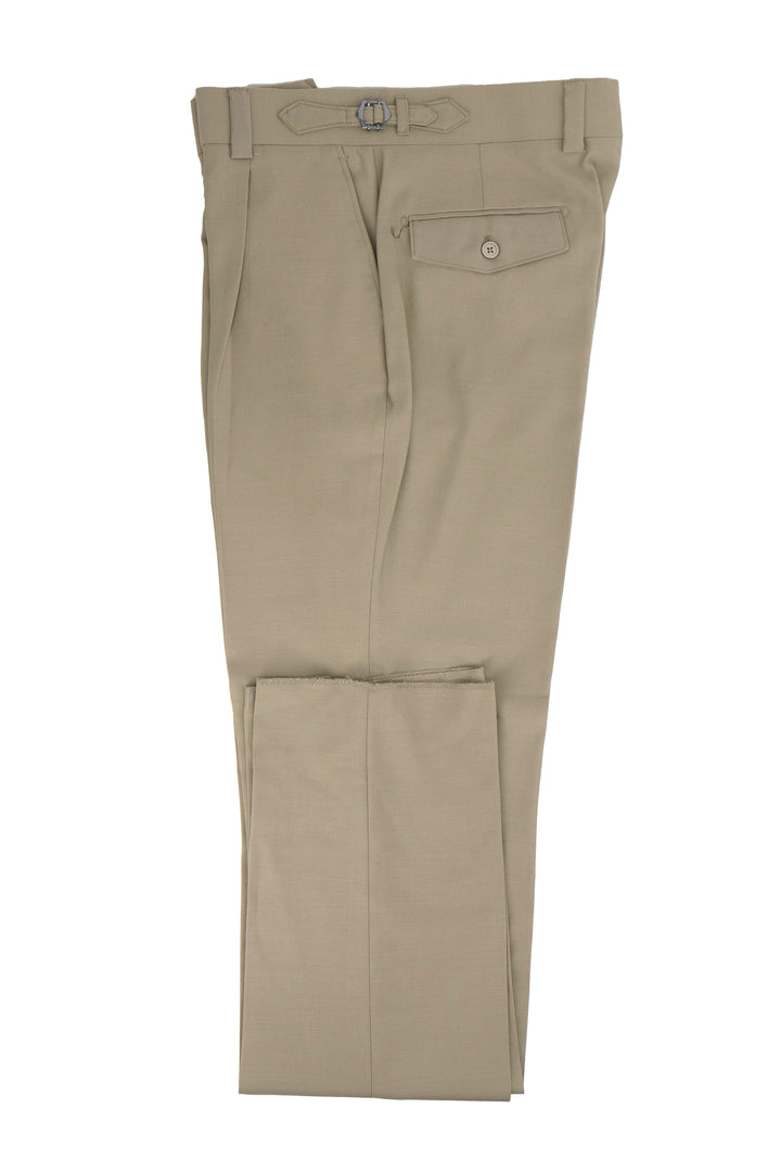 Tiglio Luxe Marbella dress pants. Light tan wool, semi-wide leg, straight cut. Integrated belt, single back pocket with button. Unfinished hem for alterations.