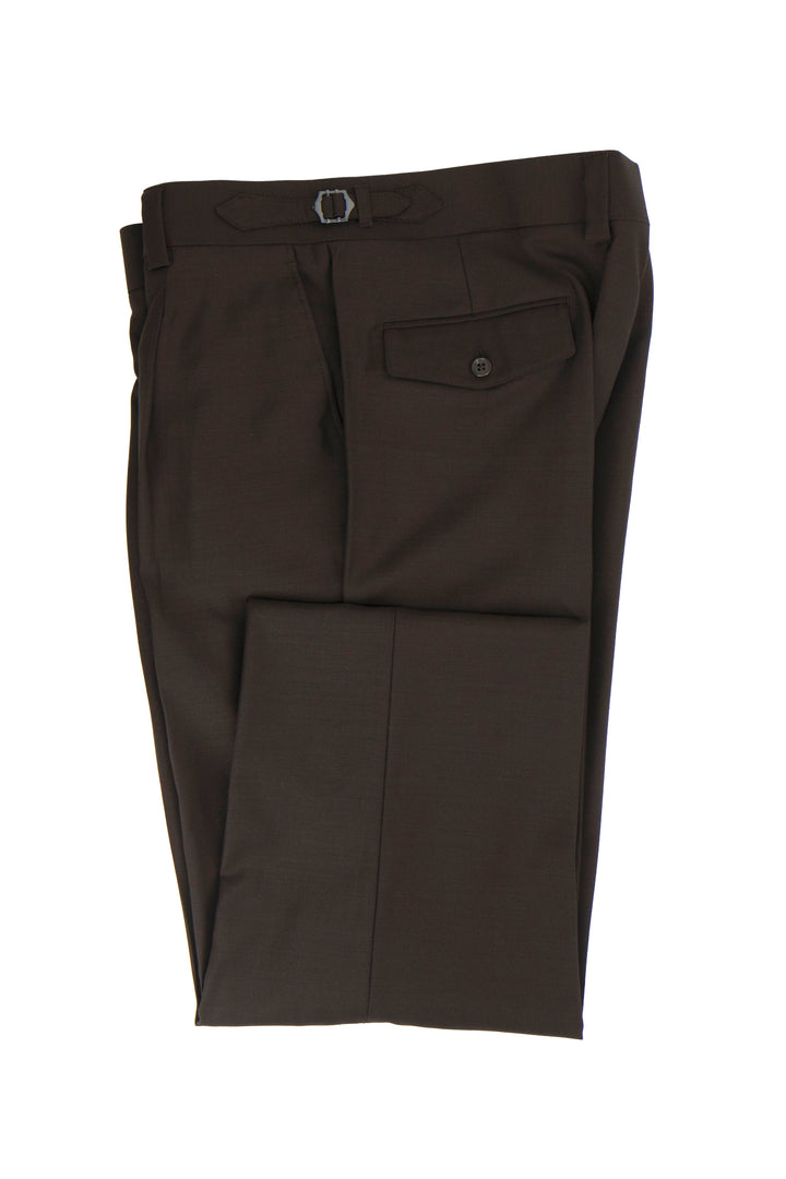 Tiglio Luxe Marbella dress pants. Dark brown, semi-wide leg, and lightweight wool. Smooth texture with a belt loop and metal buckle. One rear pocket with a button closure for a structured fit.