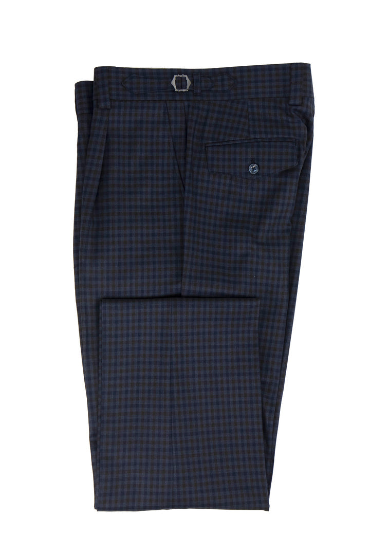 Tiglio Luxe navy/brown check Marbella dress pants. Semi-wide leg, classic check pattern. Wool fabric, tailored waistband with button closure, and button-down back pocket. Relaxed fit.