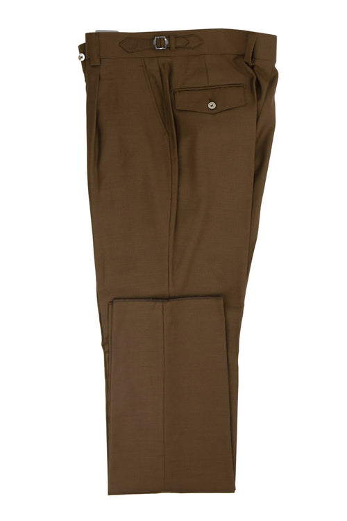 Brown Tiglio Luxe Marbella wool dress pants. Semi-wide leg, flat front. Smooth wool fabric with a single rear pocket and metal buckle detail.