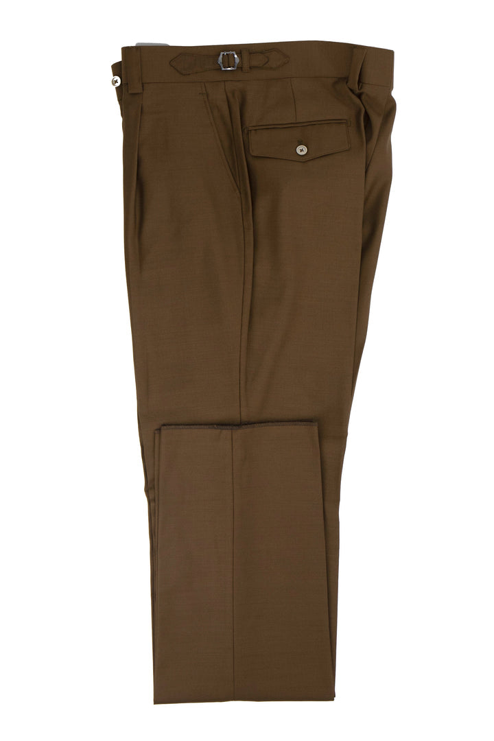 Brown Tiglio Luxe Marbella wool dress pants. Semi-wide leg, flat front. Smooth wool fabric with a single rear pocket and metal buckle detail.