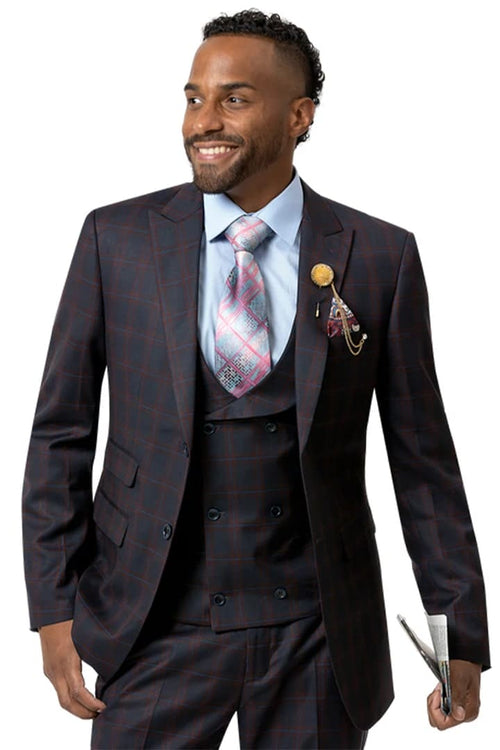 Mens Plaid Suit - Patterned Business Suit - Mens Two Button Vested Fashion Suit In Navy & Red Windowpane Plaid