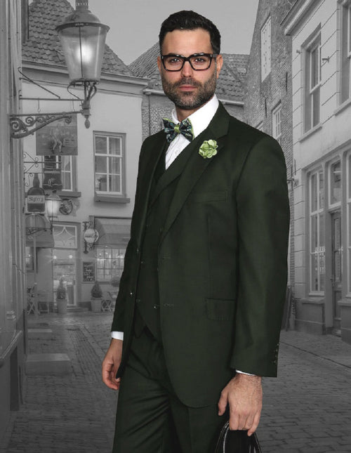 Men's olive green, classic fit, two-button suit with double-breasted vest. Features pleated pants, tailored fit, and structured silhouette. Includes a matching vest, white shirt, patterned bow tie, and a small flower.