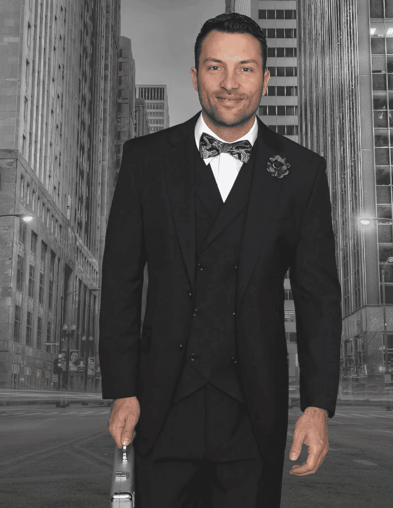 Mens 2 Button Classic Pleated Pant Suit with Double Breasted Vest in Black