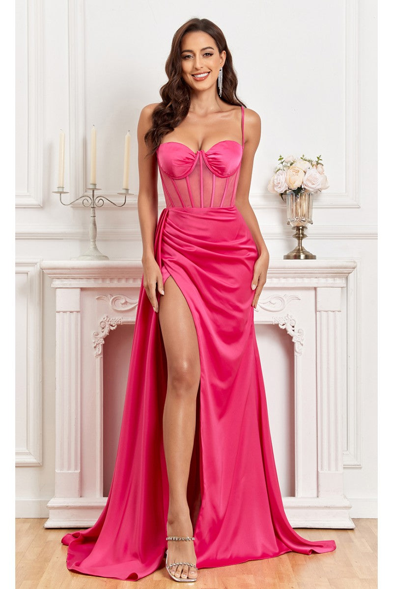 High Couture MJ1003 Fitted Corset Long Formal Slit Prom Dress