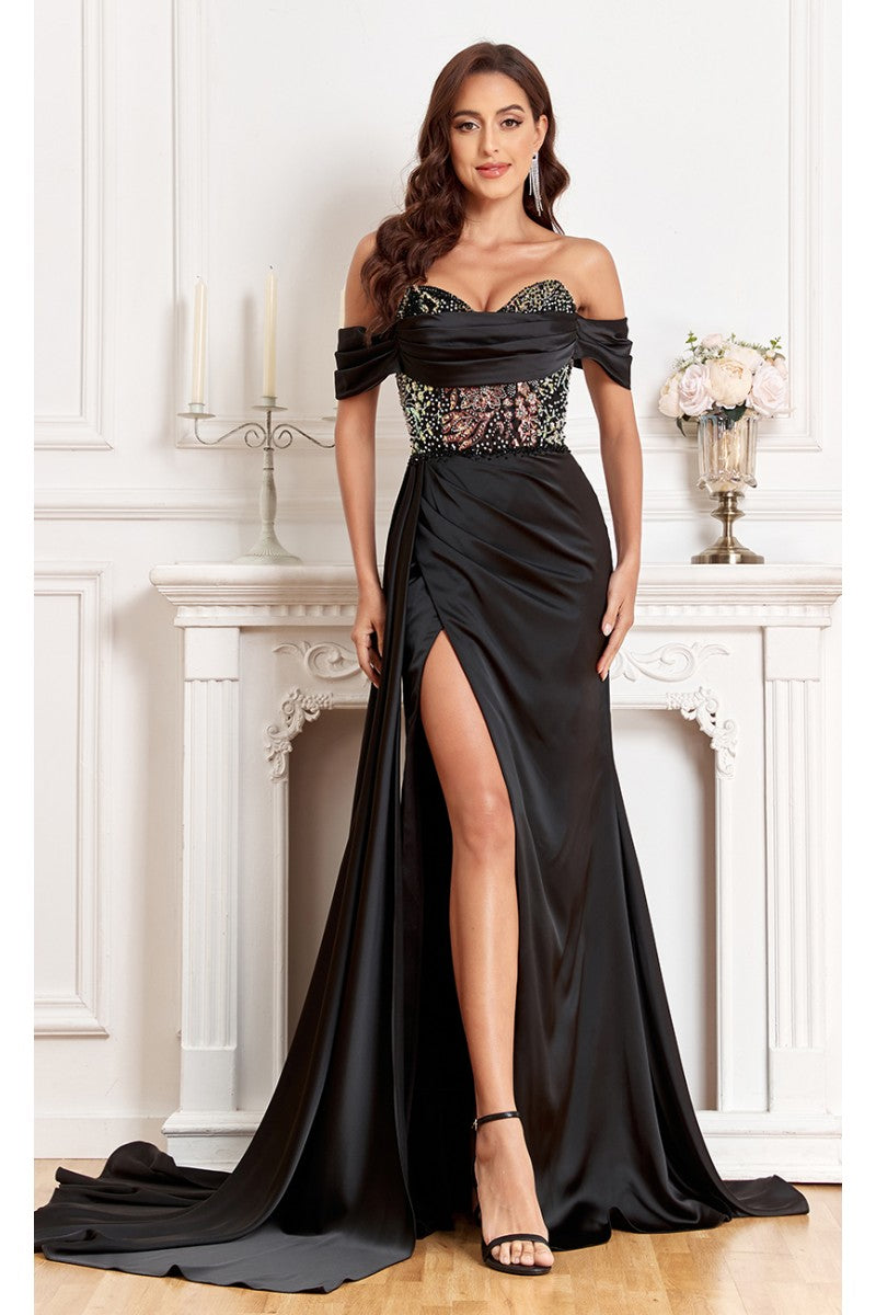 High Couture MJ1005 Fitted Prom Long Formal Beaded Slit Evening Gown