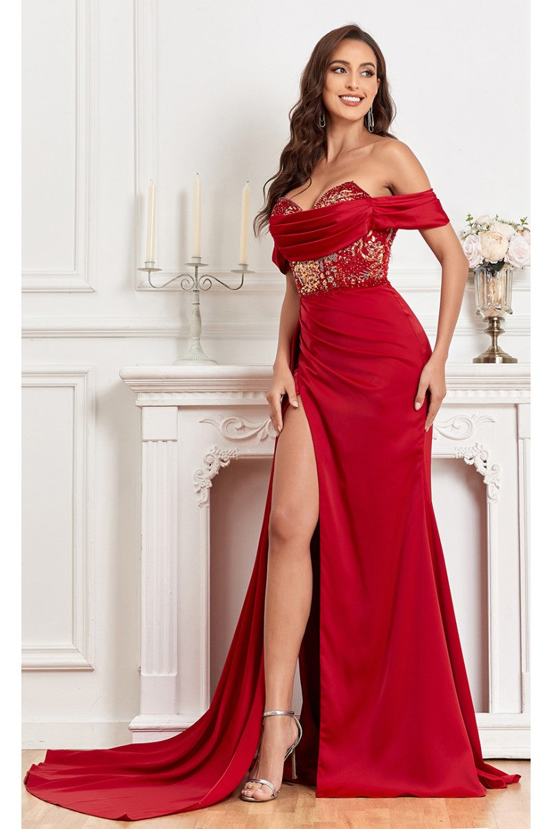 High Couture MJ1005 Fitted Prom Long Formal Beaded Slit Evening Gown