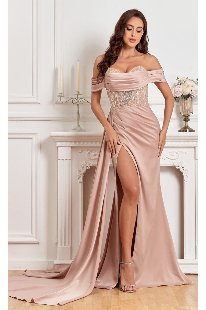 High Couture MJ1005 Fitted Prom Long Formal Beaded Slit Evening Gown