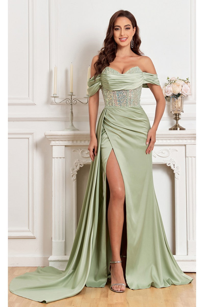 High Couture MJ1005 Fitted Prom Long Formal Beaded Slit Evening Gown