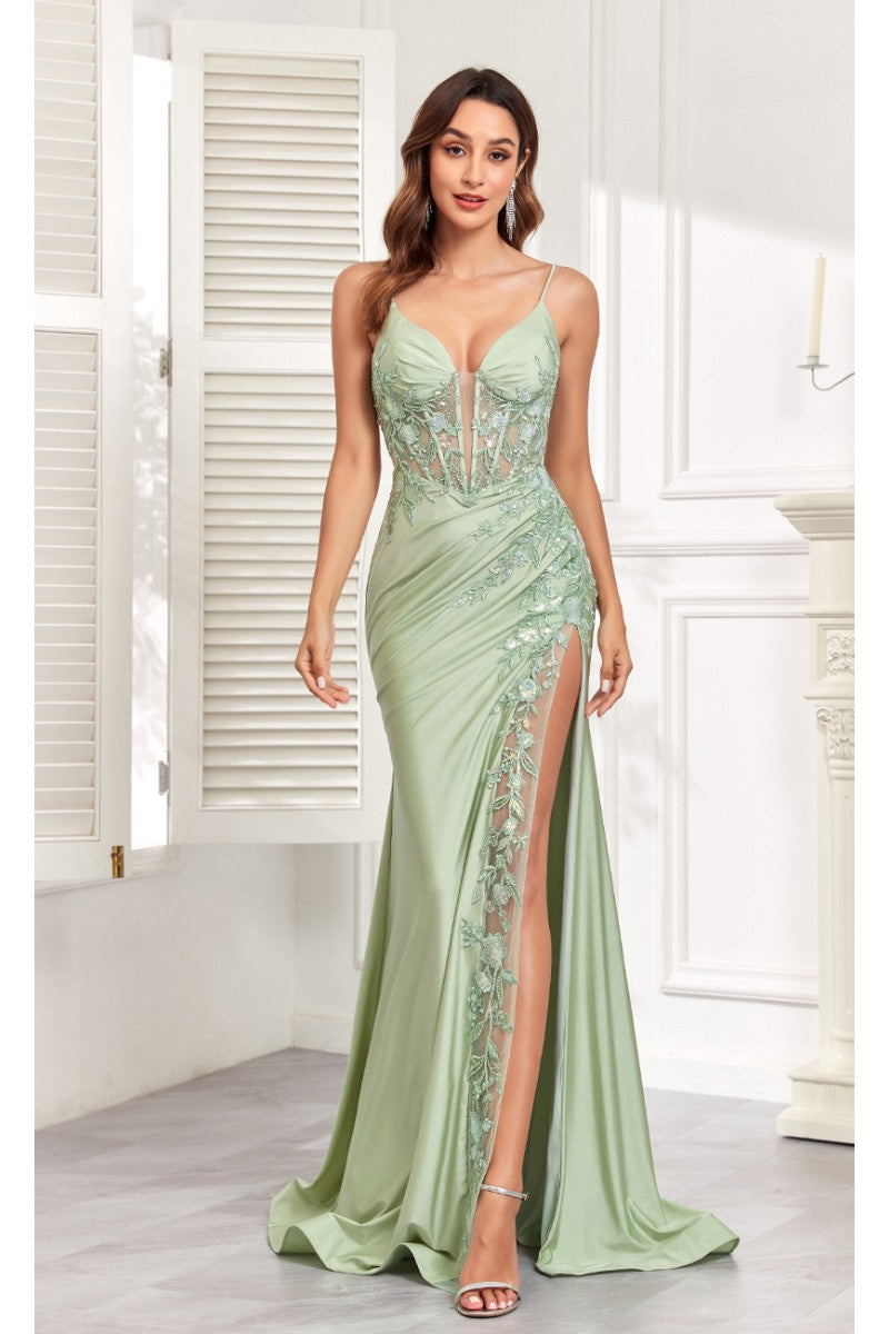 High Couture MJ1012 Prom Long Corset Fitted Sequin Formal Evening Gown