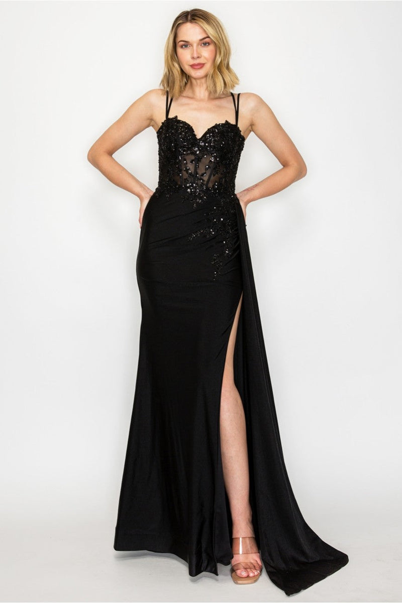 High Couture MJ1014 Prom Long Corset Slit Fitted Formal Dress